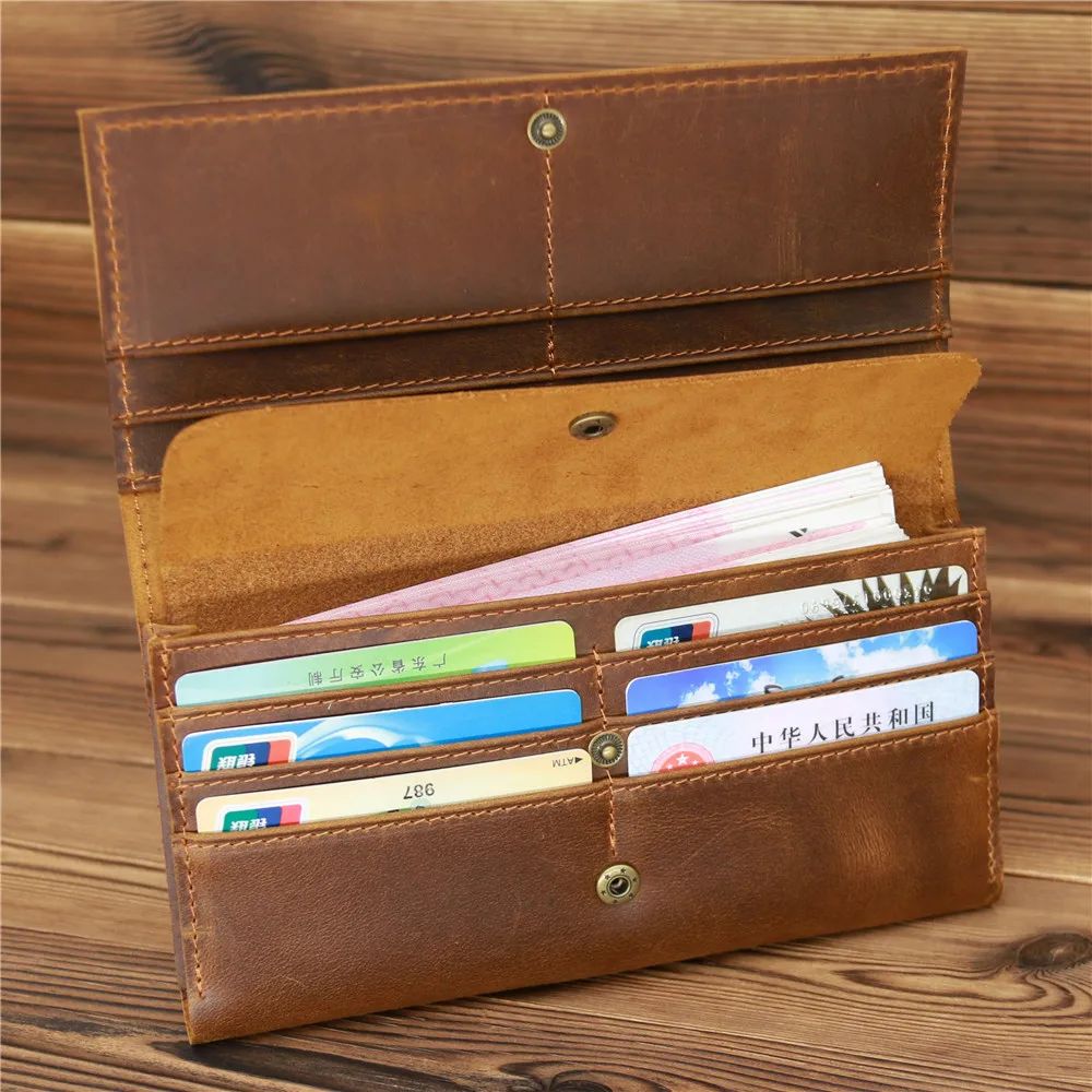 358 Retro Crazy Horse Leather Men's Long Wallet Multi Functional Hand in Hand Bag with Multiple Card Spaces