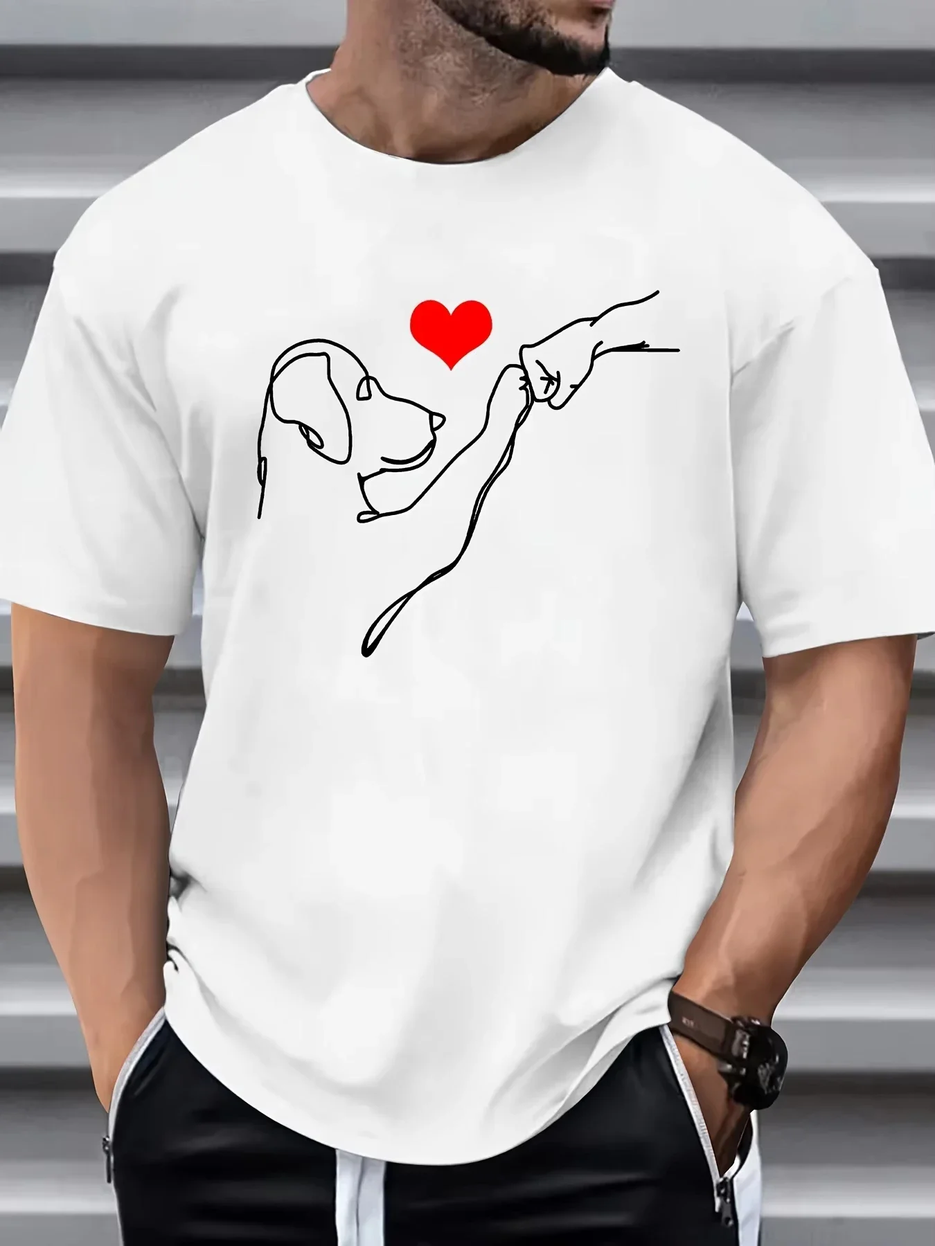 One Line Drawing Dog & Human Fist Bump Red Heart Print Unisex T-shirt 100% Cotton Casual Short Sleeve Pet Lover Tee