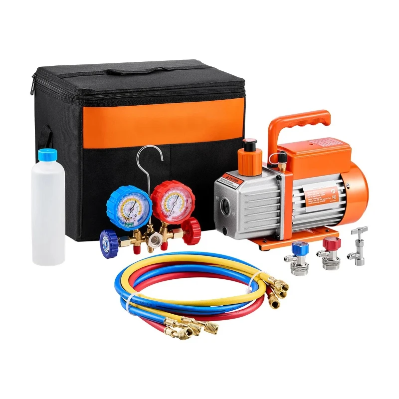 Bomba de Vácuo de Palhetas Rotativas de Estágio Único 3.5 CFM 4.5 CFM e Conjunto de Manômetros, com Mangueiras para HVAC, para R134a R12 R22 R502a R410A R404 R407C