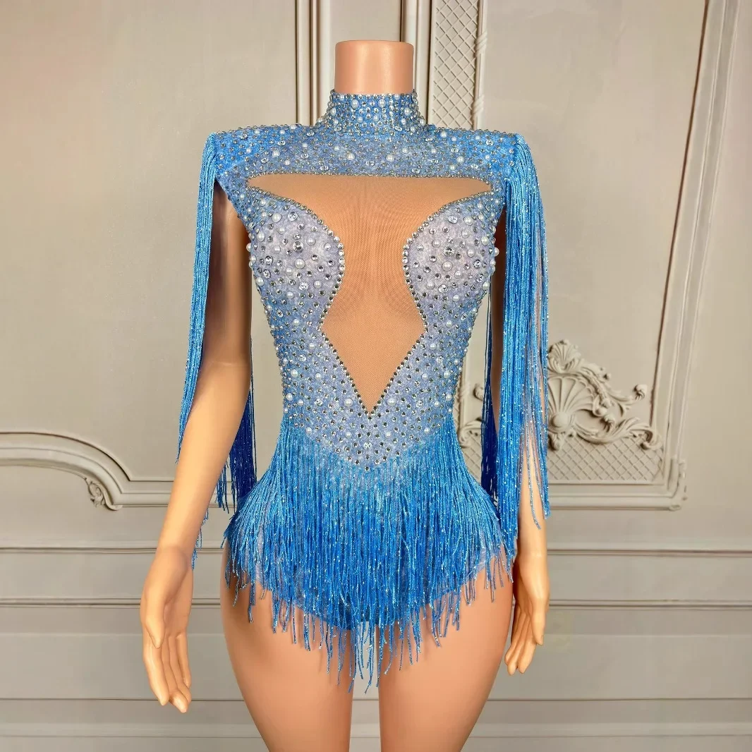 

New Fashion Blue Rhinestones Fringed Bodysuit Women Bar Nightclub Performance Jumpsuit Outfit Luxury Dancer Singe Stage Costume