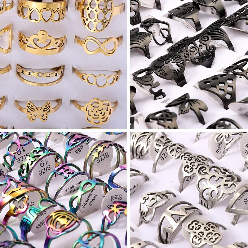 

20/50/100pcs Men Women Stainless Steel Rings Laser Cut Hollow Flowers Fashion Finger Jewelry Accessories Party Gift Wholesale