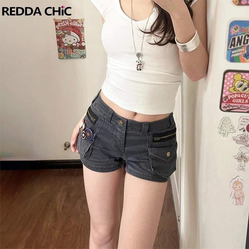 

ReddaChic Sexy Low Rise Denim Shorts Punk Summer Stretchy Slim Do Old Gray Big Pocket Zipper Decor Cargo Jeans Retro Streetwear