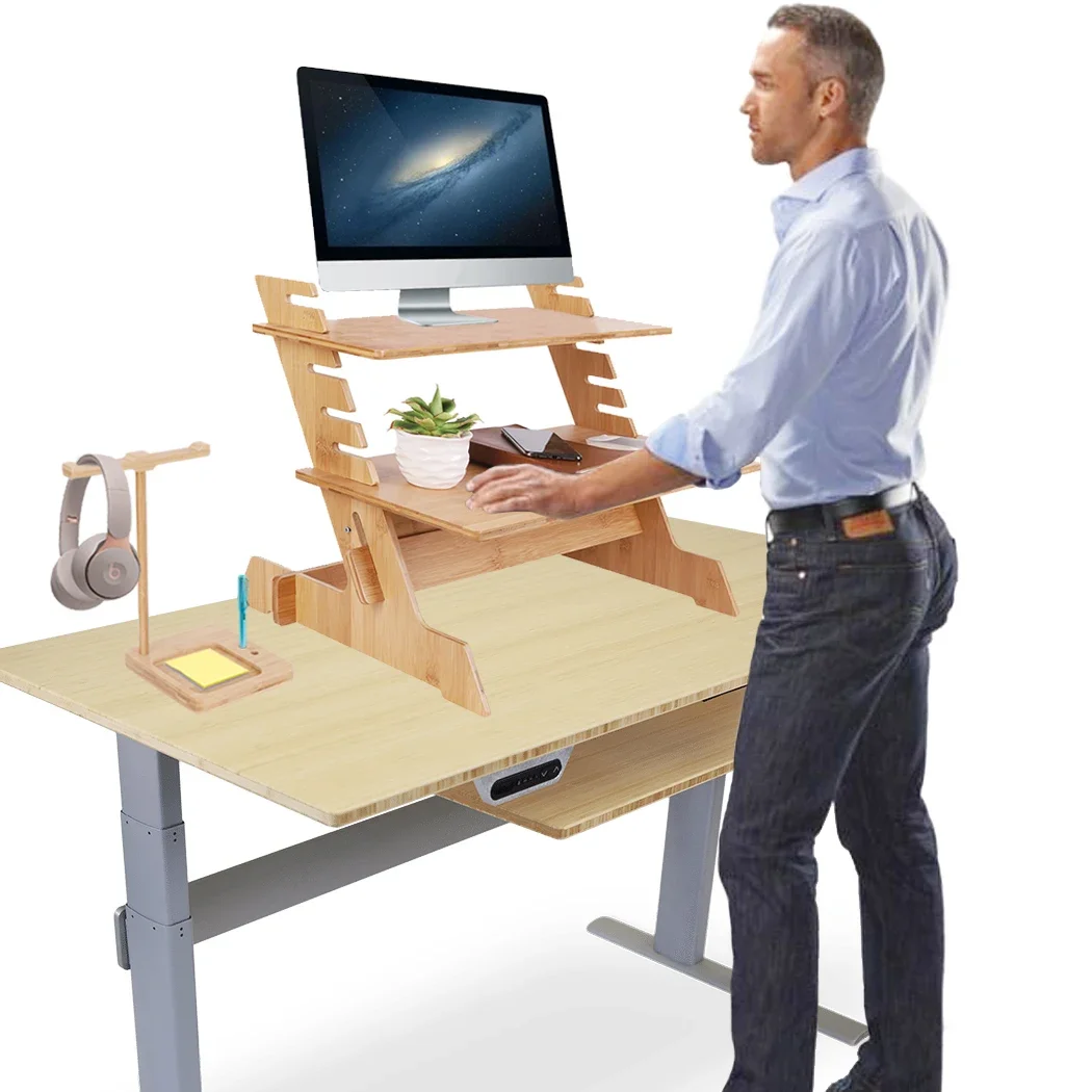 Bamboo Standing Computer Desk Monitor Stand Riser Stand Steady Up Adjustable Height Desktop Laptop Workstation Converter