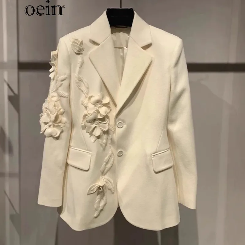 [oein] Casual White Suit Jacket, Autumn New High-end, Elegant, Three-dimensional Flower Style, Fashionable Western-style