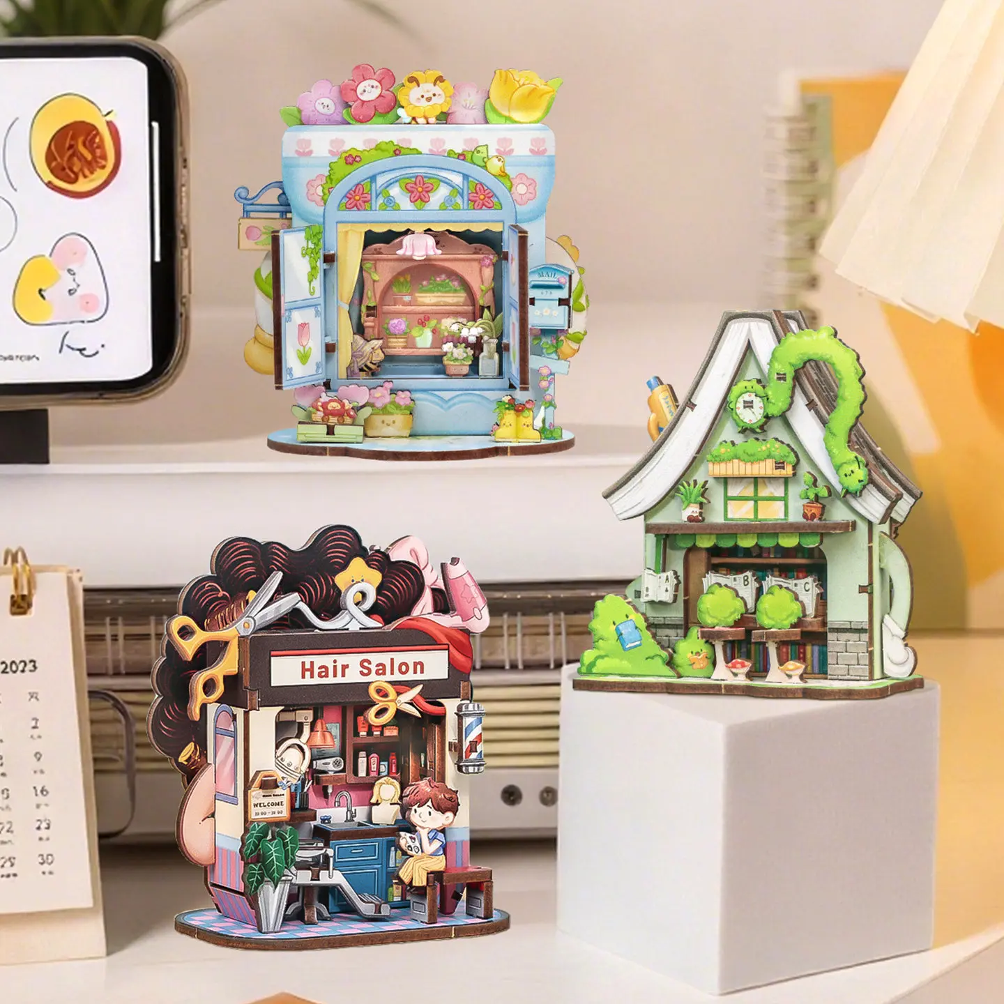 Echte Mini-Gemeinschaftsbausteine Spielzeug Cartoon Doppelseitiger Buchladen Florist Friseursalon DIY Miniaturhaus Kindergeschenke