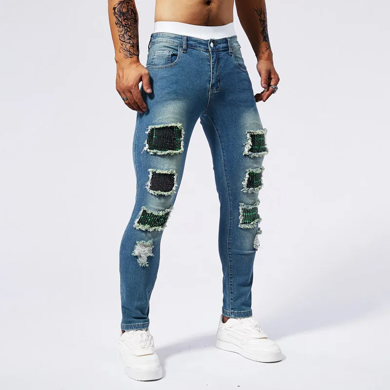 Handsome muscular jeans with men's torn patches and rhinestones design fashionable street elastic slim fit  tight pant