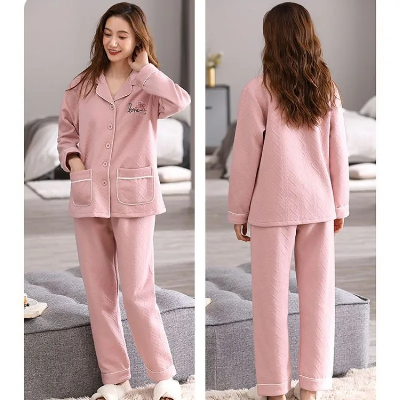 2023 New Autumn Winter Women\'s Pajamas Three Layers Pure Cotton Thickened Warm Air Cotton Interlayer Thin Cotton Set Homewear