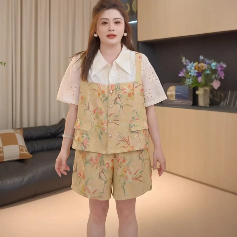 Women's embroidered jacquard short sleeved shirt+shorts two-piece set summer loose comfort retro temperament elegant set