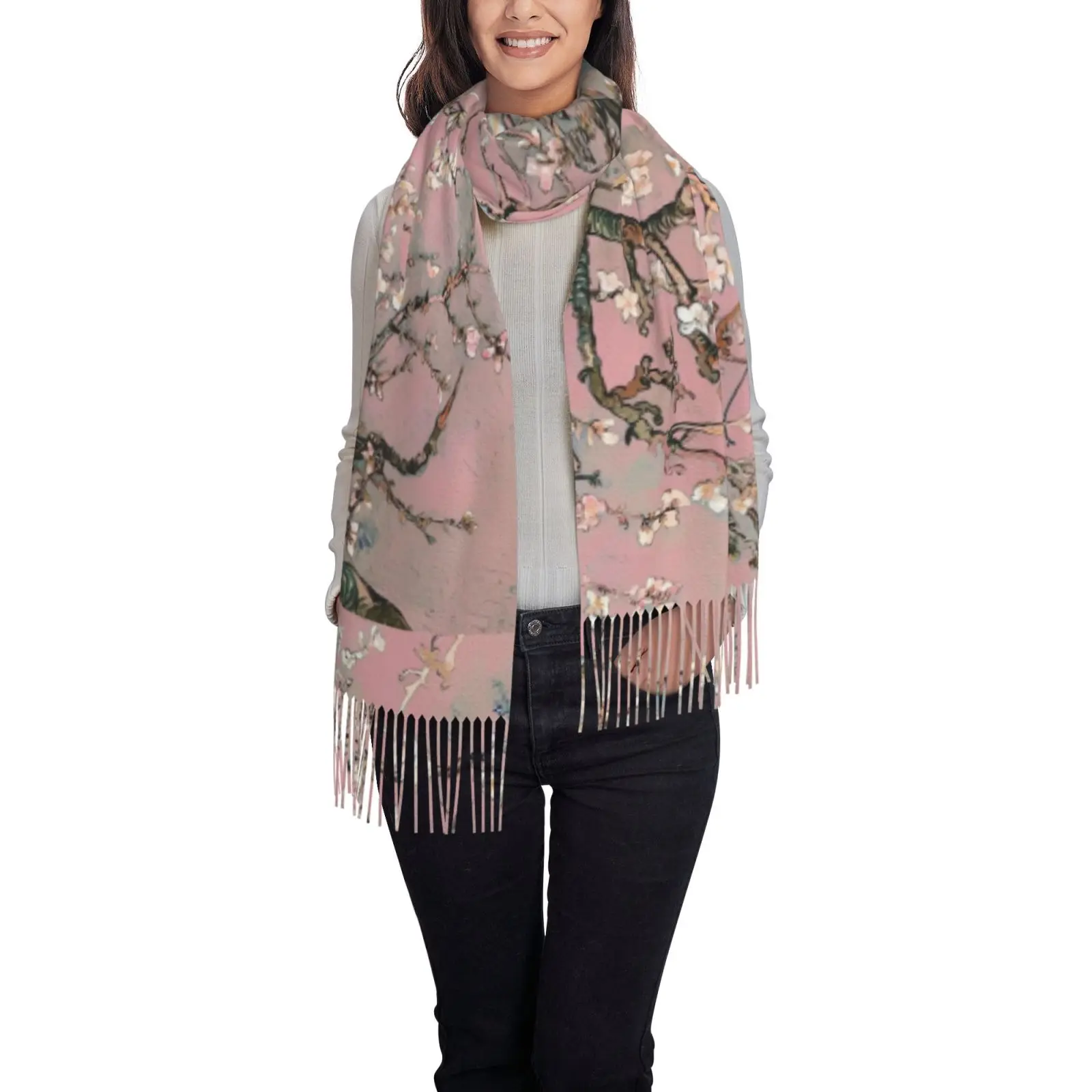 Famous Painting Almond Blossom Pattern Tassel Shawl for Women, Oversized Wrap Scarf, Art Lover Fashion Accessory