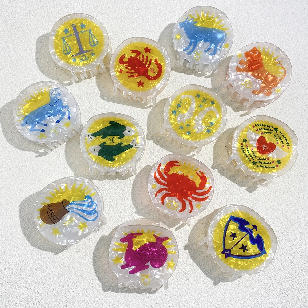 

Trendy Cartoon Constellation Printed Round Hair Claw Clip For Women Girls New Geometric Acrylic Hairpin Hair Accessories Tool