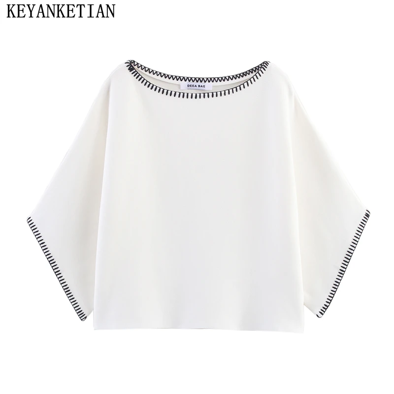 

KEYANKETIAN осенняя новая женская одежда с видимым украшением из нити, пуловер с контрастной вышивкой, вязаный женский свитер