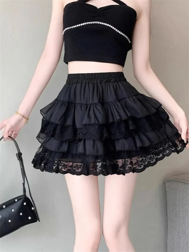 Elastic Gothic Lace Tutu Skirt Women Black Mesh Detail Petticoat Sexy Mini Tulle Skirts Party Club Wear Dancer