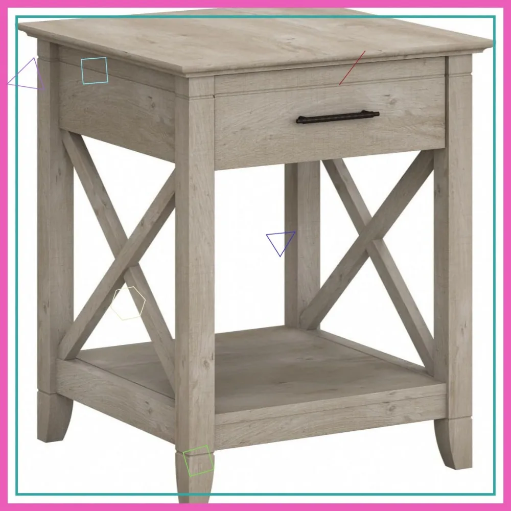 Farmhouse End Table with Drawer and Storage, Compact Nightstand for Living Room and Bedroom Furniture in Washed Gray