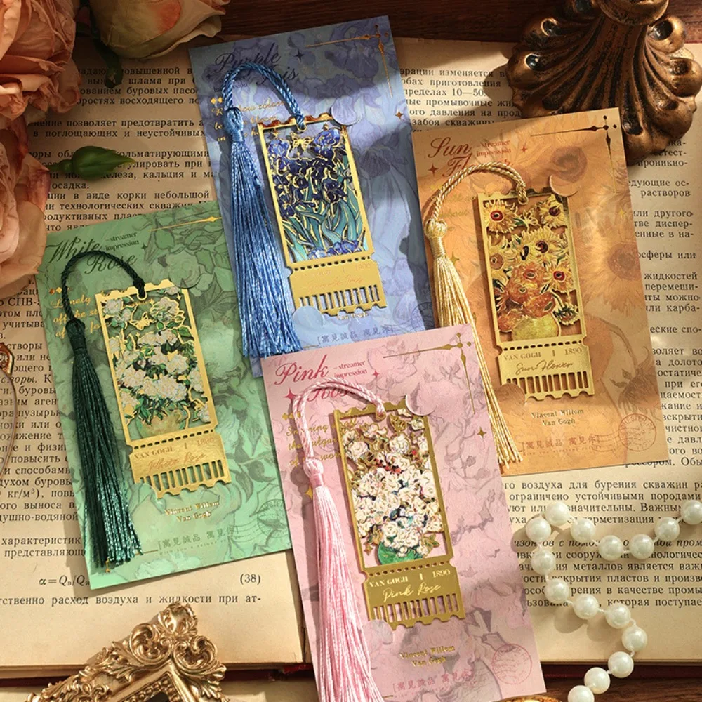 

Metal Metal Bookmark Oil Painting Style Famous Painting Hollow Bookmark Stationery Tassels Floral Painting Bookmark
