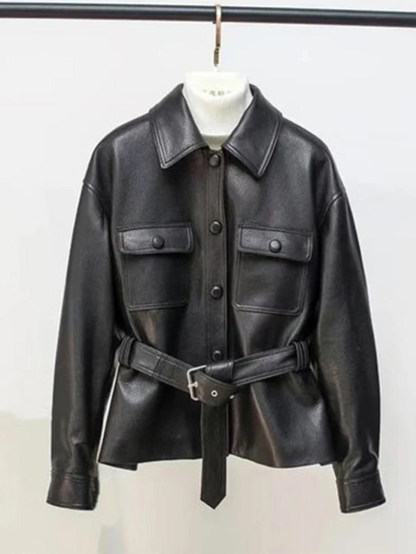 Women's ort eepskin Leather Jaet Slimming Waist Design Spring 2025 Faion New Sle Comfortable Fit Long Sve Coat