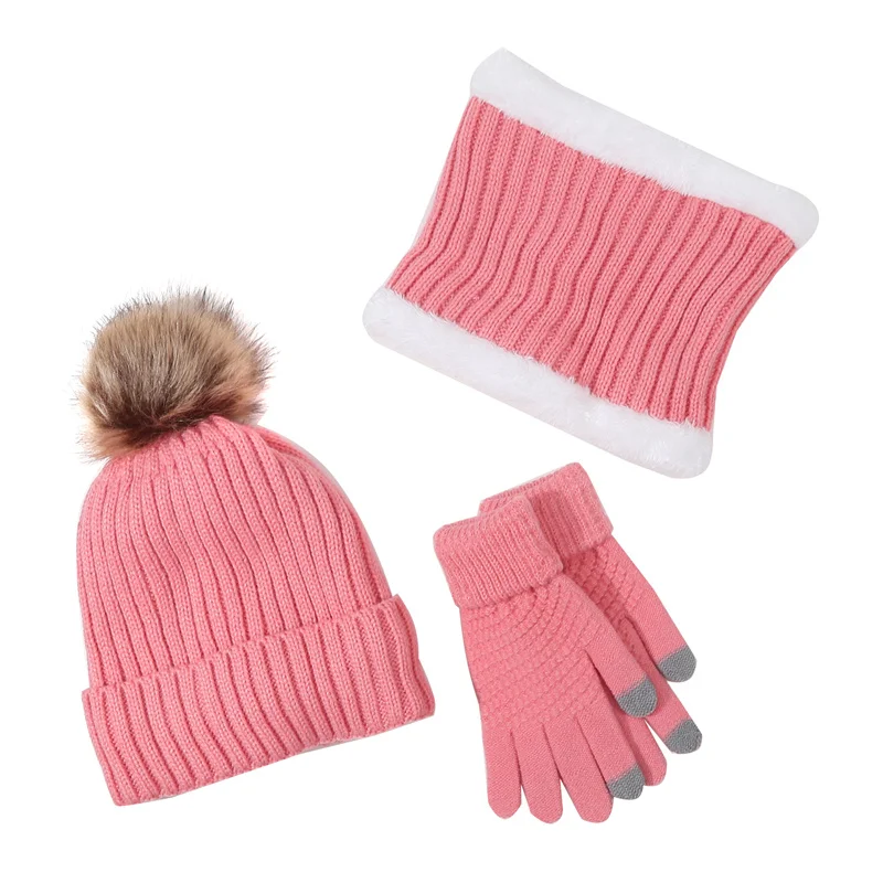 Women Knitted Beanies Cold Hat 3pcs Warm Winter Hat For Women Scarves Cap Scarf Gloves Hats Three Sets Solid Set