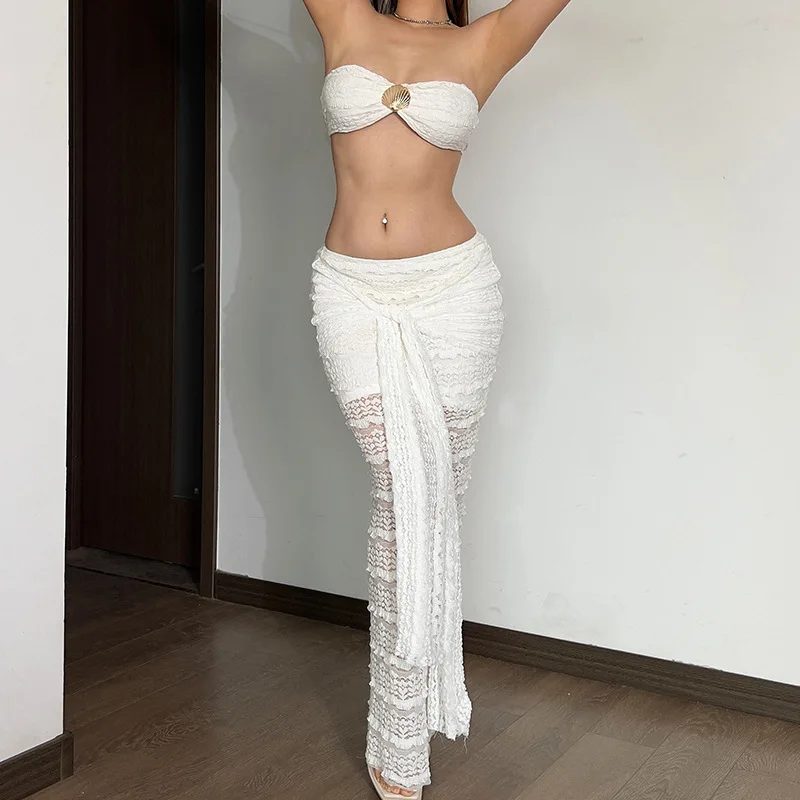 

Yaminiya Holiday Beach Long Skirt 2 Pieces Outfits Sexy Shell Sleeveless Backless Fold Wrap The ButtocksSkirts 2025 Summer Lady