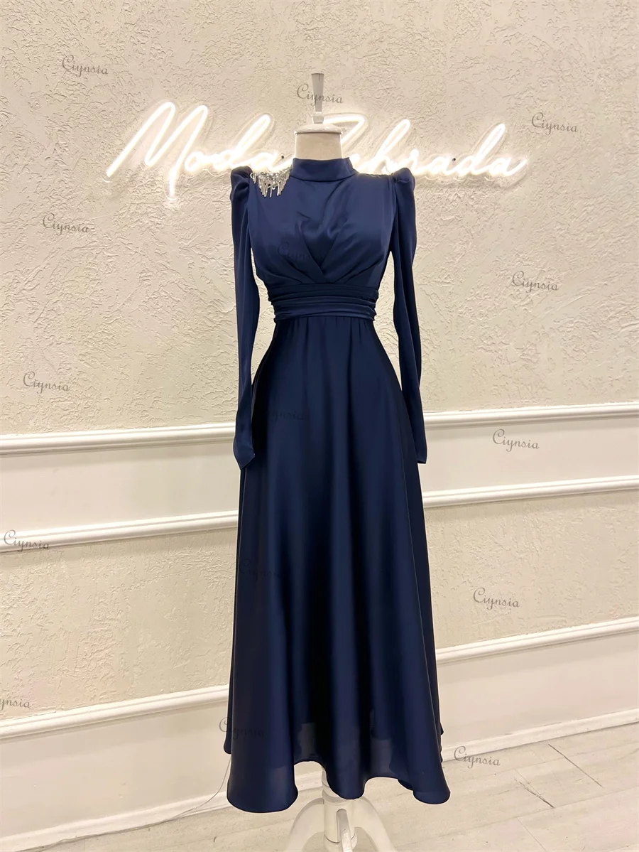 

Ciynsia Abendkleider Customized A-Line Long Sleeve Formal Dress Abiye Elbise High Neck Satin Ankle-Length Dubai Evening Gown