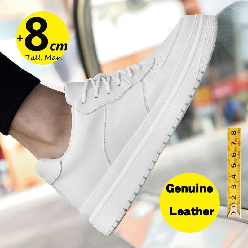 Tênis de elevador de couro genuíno para homens, sapatos respiráveis, palmilha aumentada invisível, elevador mais alto, 8cm