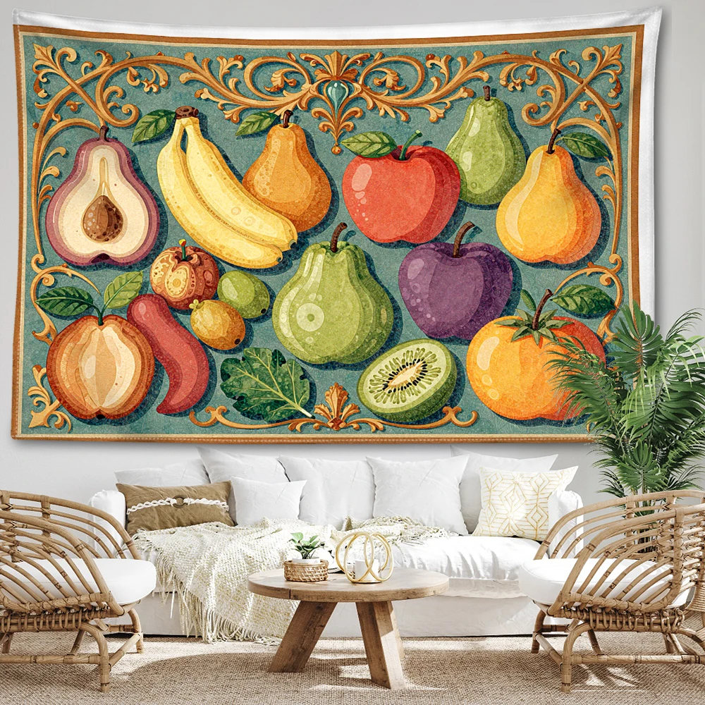 Blue European Scroll Fruit Combo Printed Tapestry Wall Hanging Bohemian Style Bedroom Home Decor