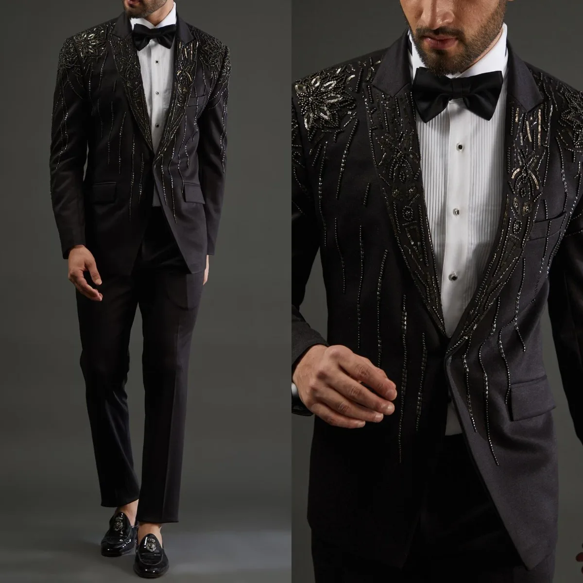 Designer Beaded Men Suits For Wedding Single Breasted Peaked Lapel Tuxedos 2 Pcs Jacket Pants Evening Party Custom Made
