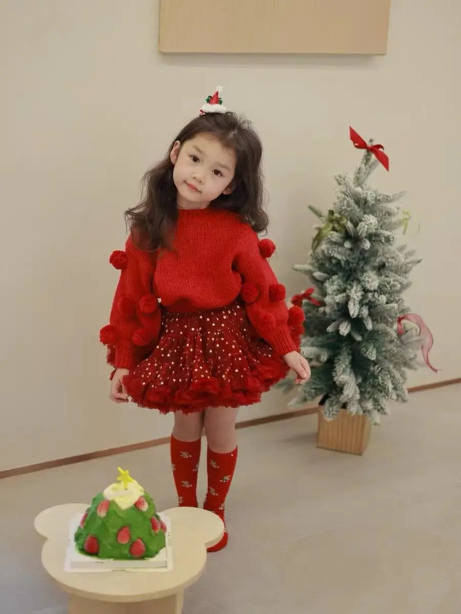 Autumn winter girls Christmas sweater handmade ball ball children\'s red sweater holiday red pullover New Year\'s greeting sweater
