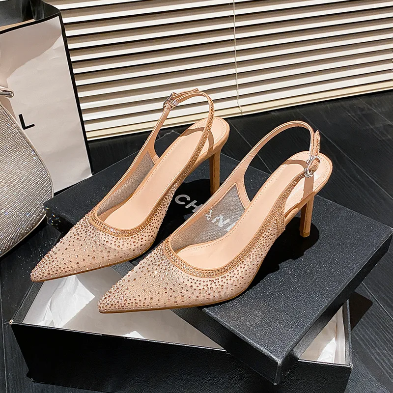

2025 New One Belt Starry Sky with Fine Heels, Pointed Water Diamond High Heels Sandals, Elegant Evening and Wedding Shoes