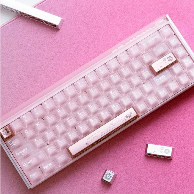 Sakura Hollow Aluminum Alloy Keycap Set 3Pcs 6.25u Spacebar 2.25u Shift 1u ESC Artisan Keycaps for Mechanical Keyboard DIY Mod