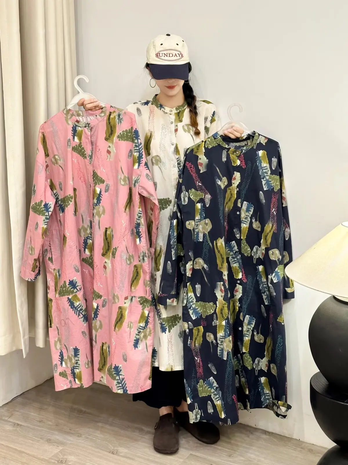 

2026 Vintage long shirt dress for women spring harajuku fashion pink blue print shirt dress 100% cotton single-breasted dress