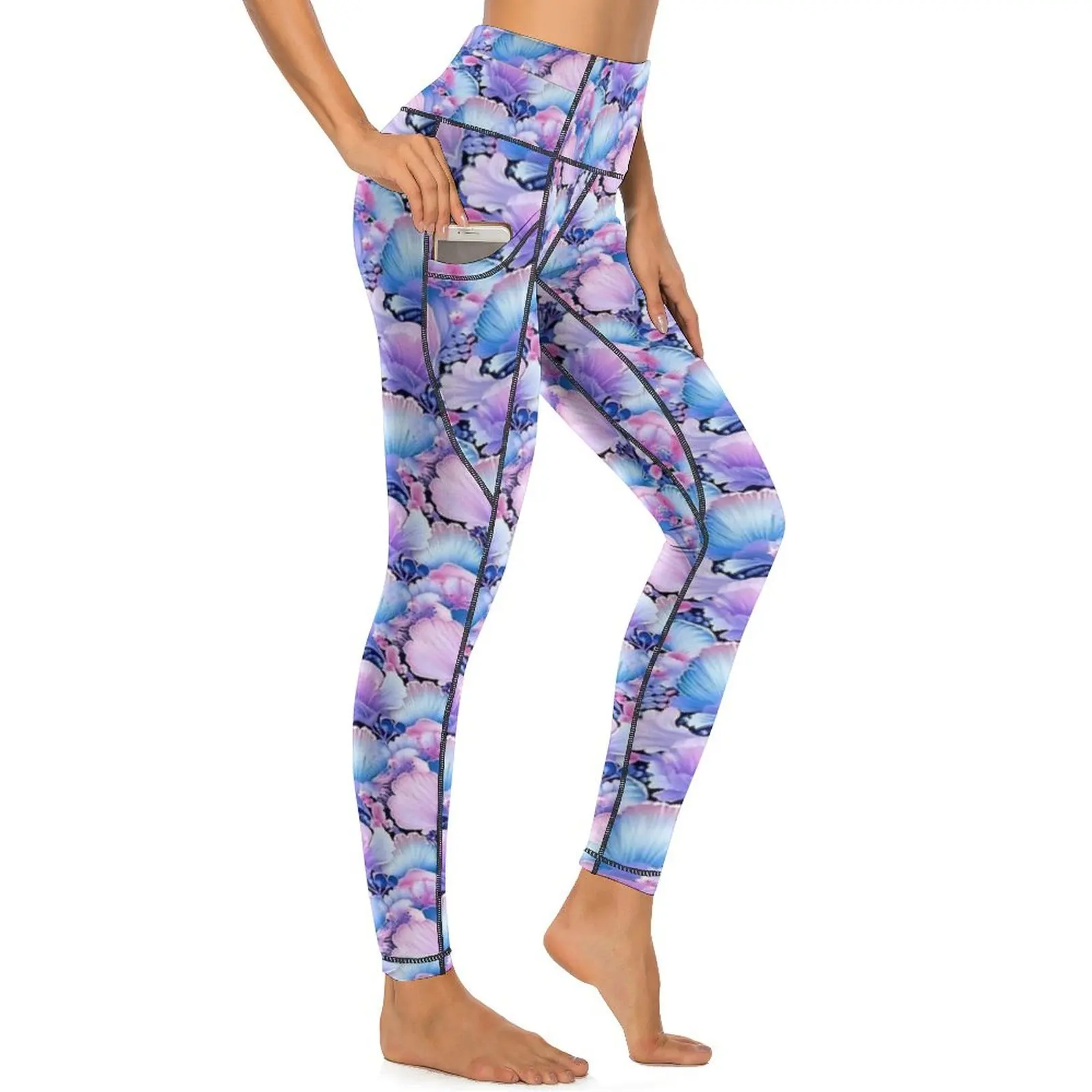 Purple Sea Shells Print Leggings Sexy  High Waist Yoga Pants Sweet Stretchy Leggins Women Graphic Workout Sport Legging