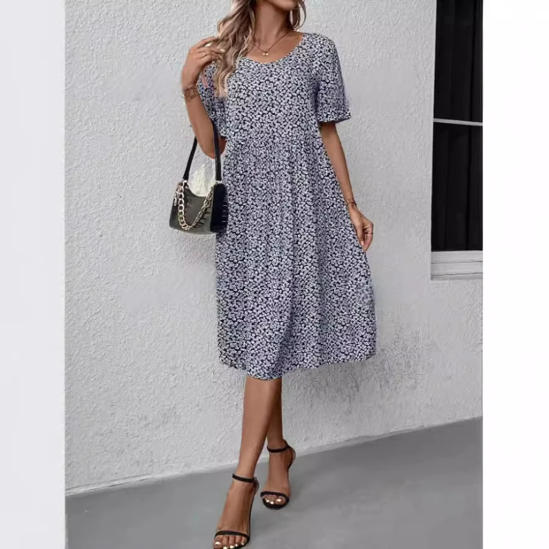 

2024 summer European and American U-neck small floral fashion loose dress