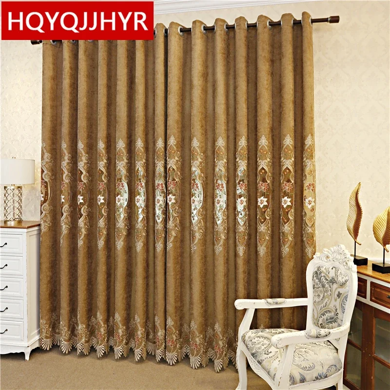 

Europe High-Quality Brown Lily Embroidered Decorative Villa Curtains For Bedroom Exquisite Elegant Tulle Curtain For Living Room