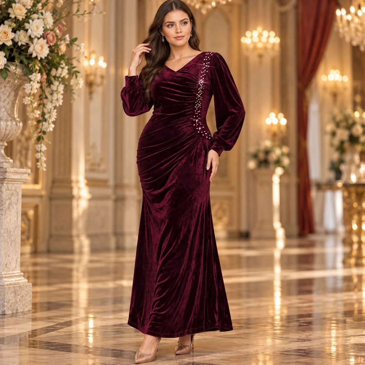Back Zipper V Neck Dress Maxi Length Socialite with Rhinestone Accents Mermaid Silhouette Floor Length Mermaid Autumn for Women