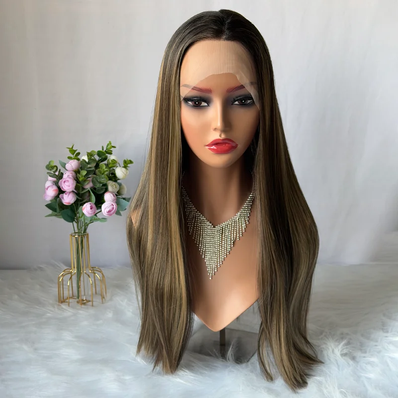 Soft 22 Inches Ombre Caramel Brown Synthetic Lace Frontal Wigs Natural Straight Blonde Highlights Premium Wig On Clearance Sale