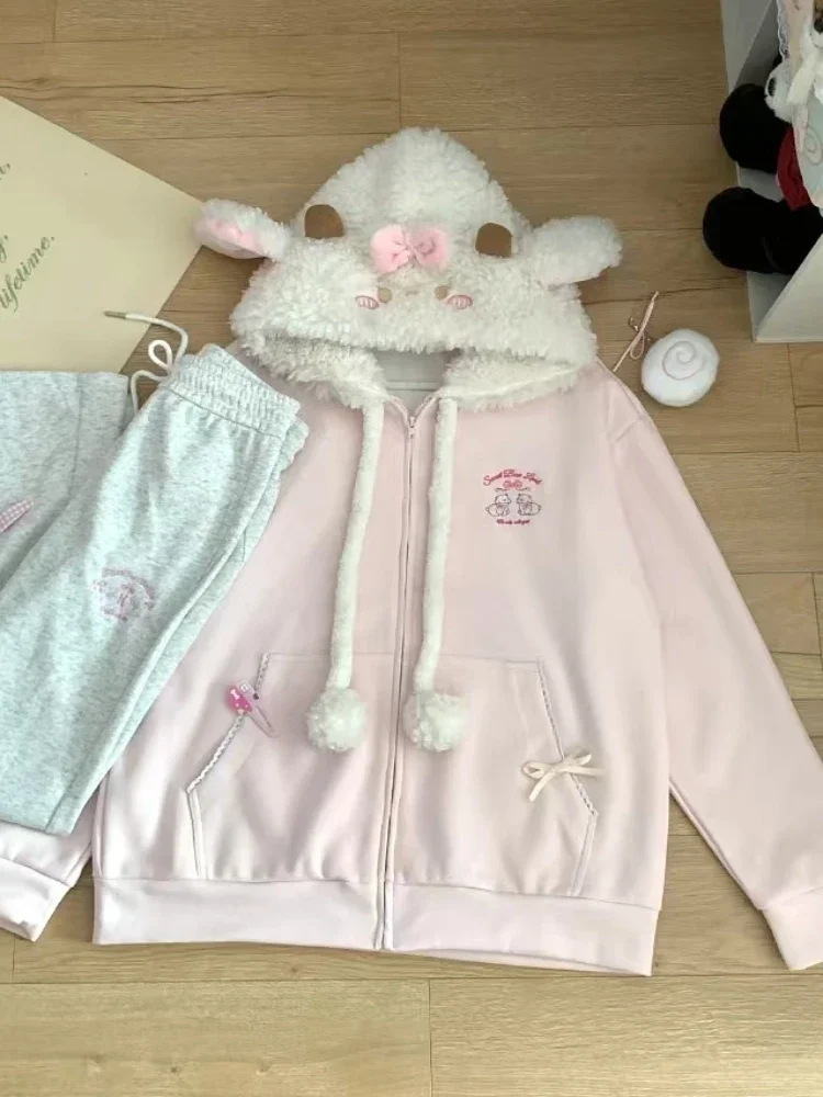 Autumn Kawaii Sweet Long Sleeve Loose Coat Women Japanese Cute Zipper Embroidery Hoodie Female Winter Chic Solid Lovely Overcoat