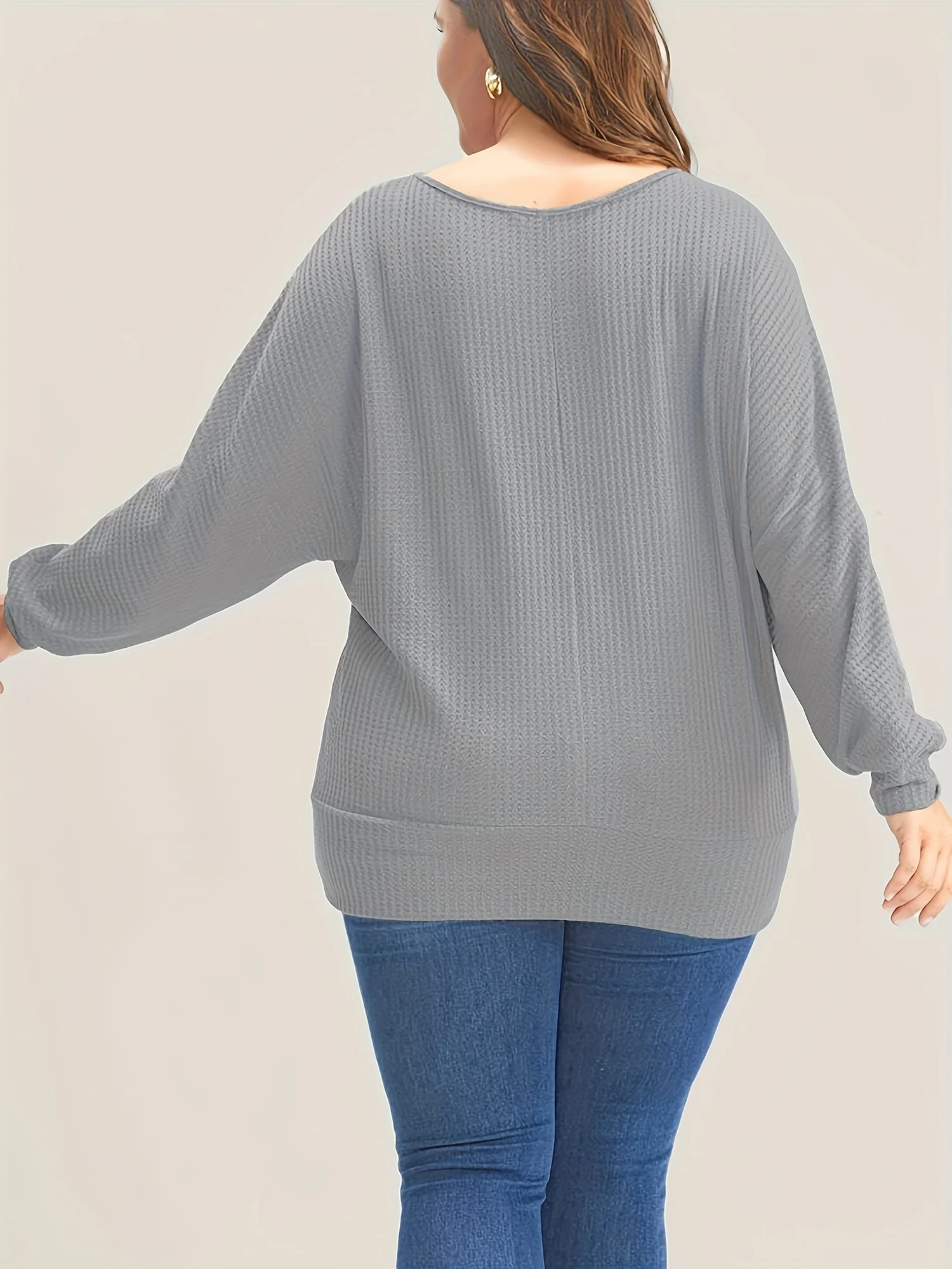 Women's Plus Size V-neck Long Sleeved T-shirt, Simple Solid Color Fashionable Waffle Casual Commuting T-shirt