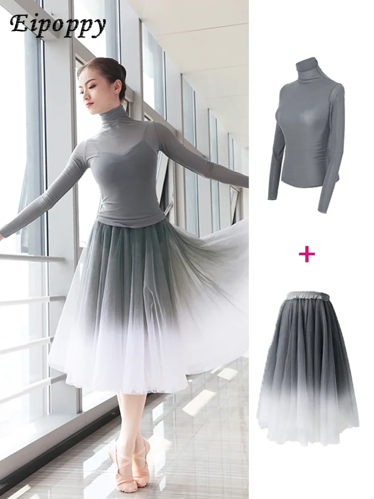 Exercise Clothing Dancing Dress Ballet Shapewear Suit Gradient Color Gauze Skirt