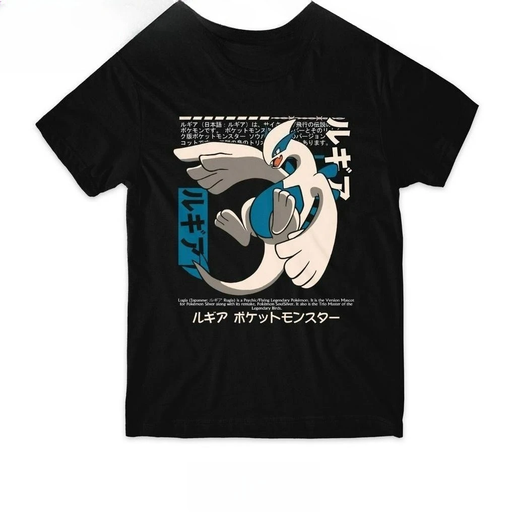 Camiseta de Algodão Puro Estampada Anime Pokémon Lugia para Homens e Mulheres, Nova Coleção Primavera/Verão, Camisa de Manga Curta 2026
