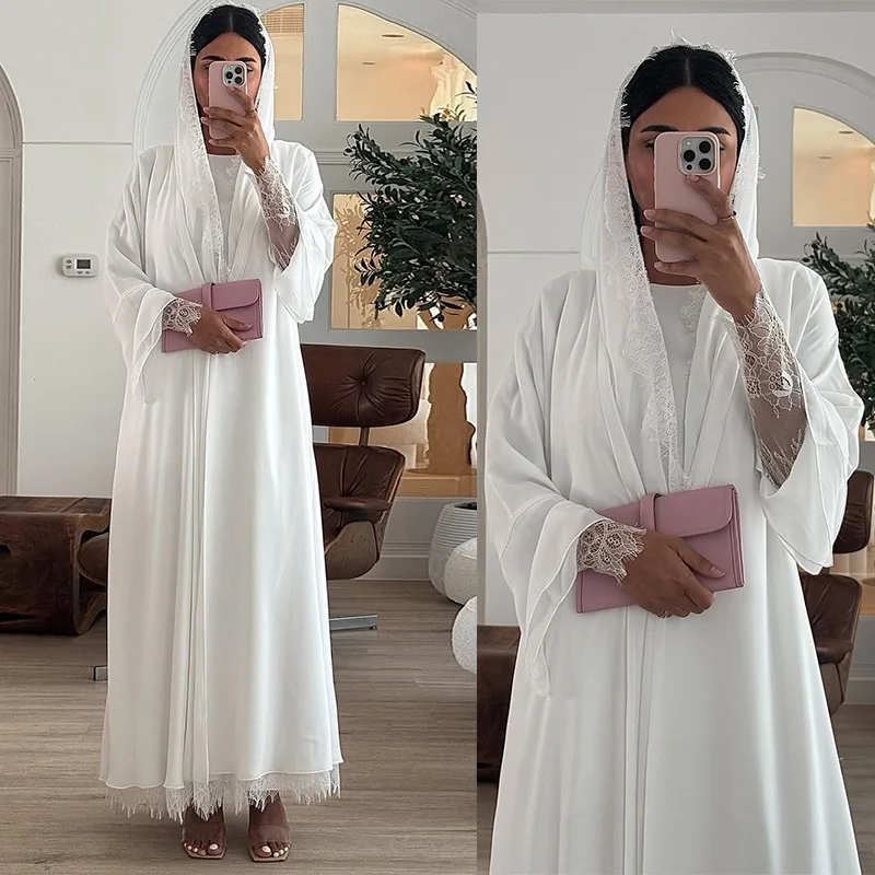 High Quality Front Open Lace Prayer Robe Ramadan Eid Clothing Manufacturer Modest Dubai 2025 Women's Abaya Dress with Hijab