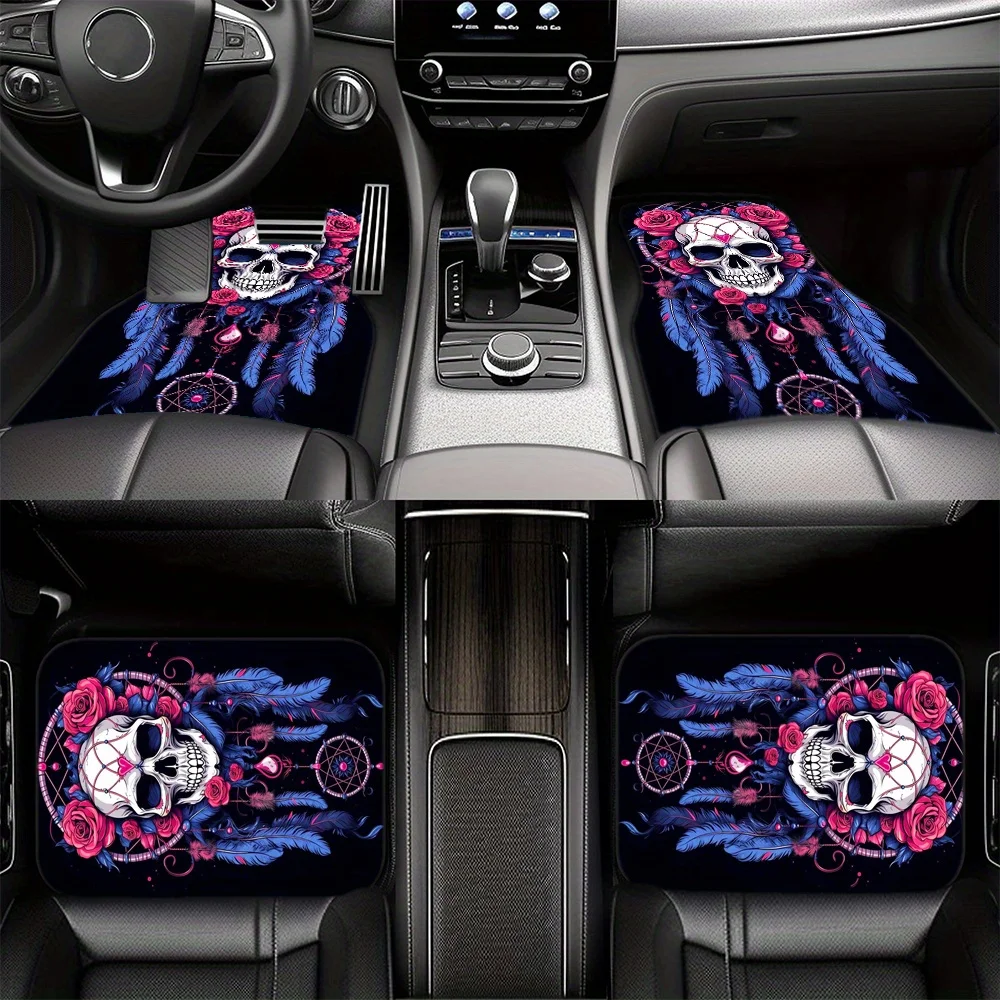 Universal Fit Skull Dream Catcher Car Floor Mats, Polyester Fiber, Non-Slip, Water-Absorbent, Washable, Anti-Fouling, Interior P