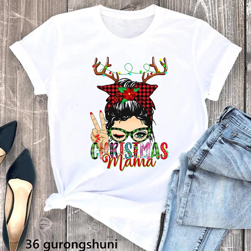 Rainbow Christmas Mama Graphic Print Tshirt Women'S Clothing Fashion Short Sleeve T Shirt Femme White Casual Female T-Shirt