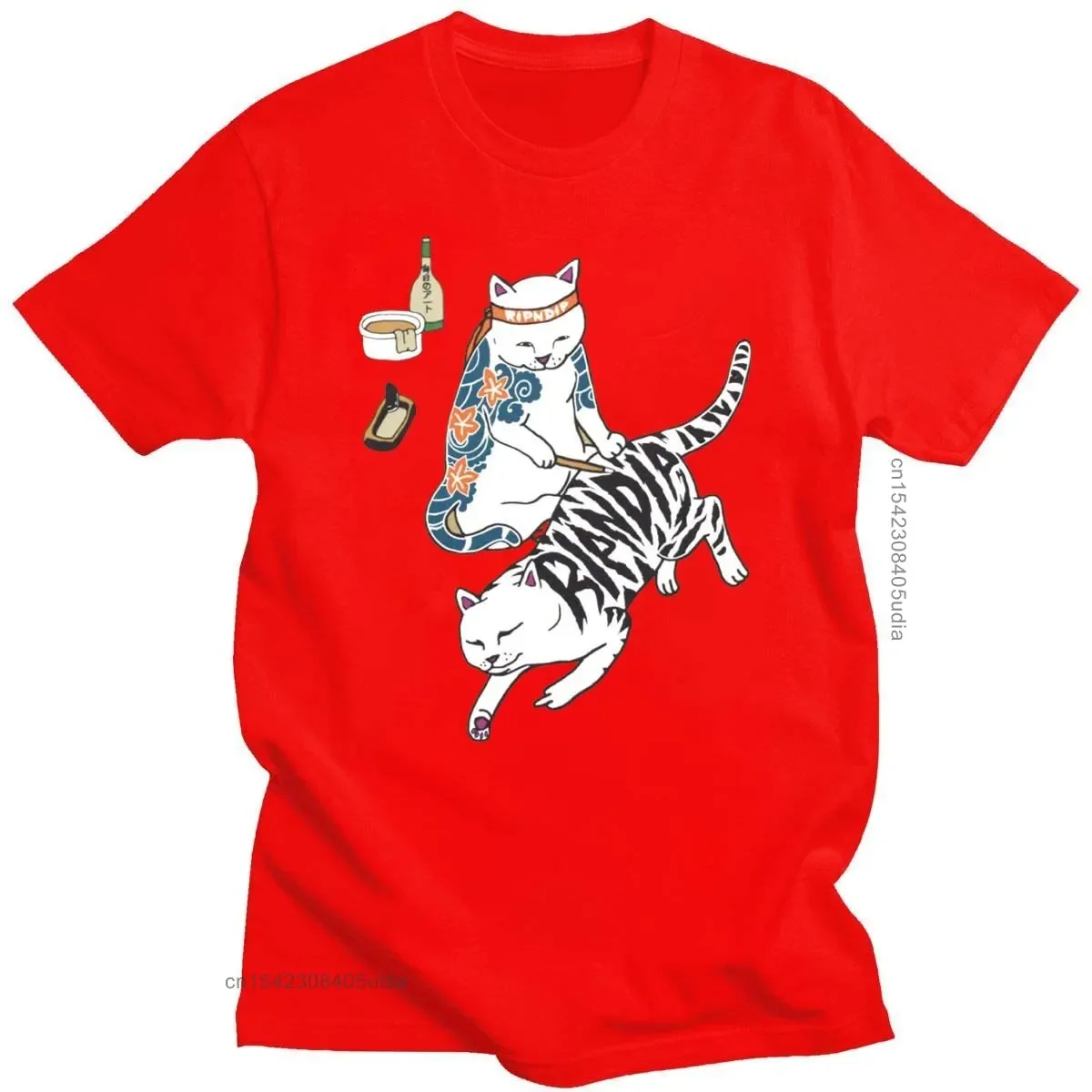 Eu Size Men Japanese The Middle Finger Cats T-Shirt Harajuku Tshirt Casual Short Sleeve Rip Tops Tee Dip Summer