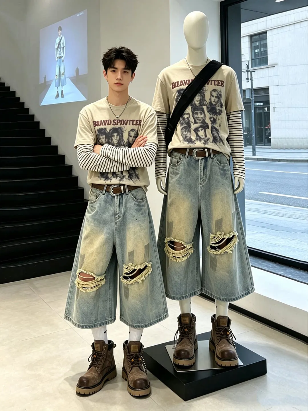 Retro American Blue Faded Seven-Foot Jeans Men Women CleanFit Washed Ripped Shorts Wide Leg Denim Pants Youth Summer Fashion