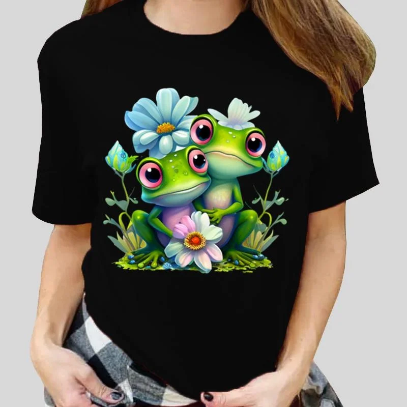 New Frog Print T Shirt Fashion Women Summer Casual Short Sleeve Tee Cute Loose T Shirts