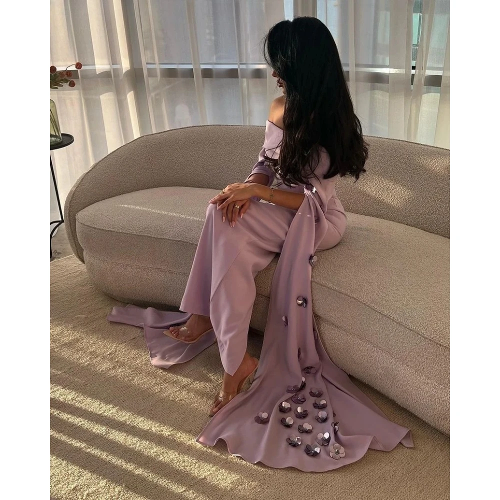 Vestido de noche lila con hombros descubiertos, personalizado, cuello Baot, lentejuelas, flores, elegante vestido de fiesta, sirena, largo hasta el suelo, vestido de fiesta