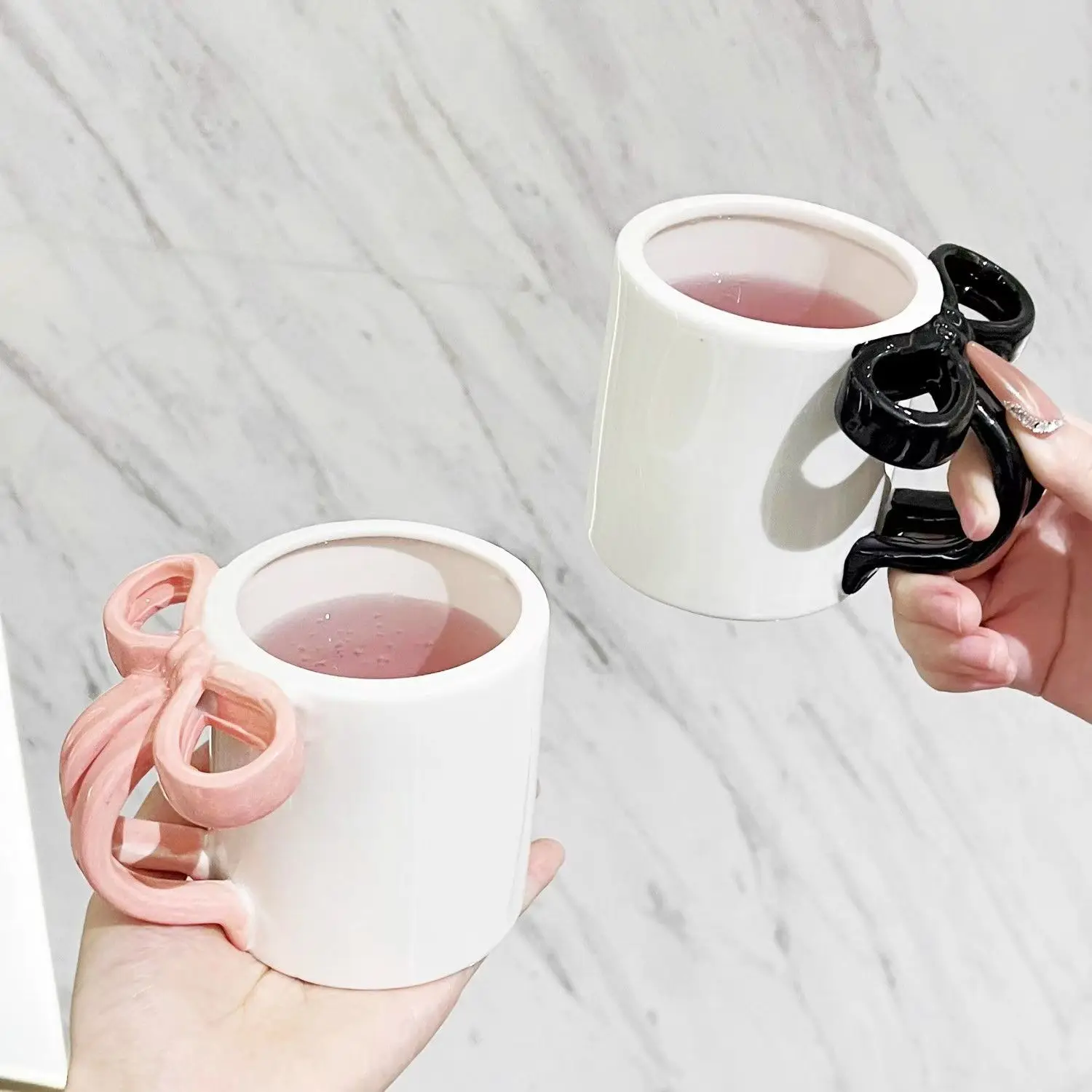 Cute Pink Bow Ceramic Water Cup High Appearance Level Coffee Cup Girl's Mug Office Home Niche Couple Cup