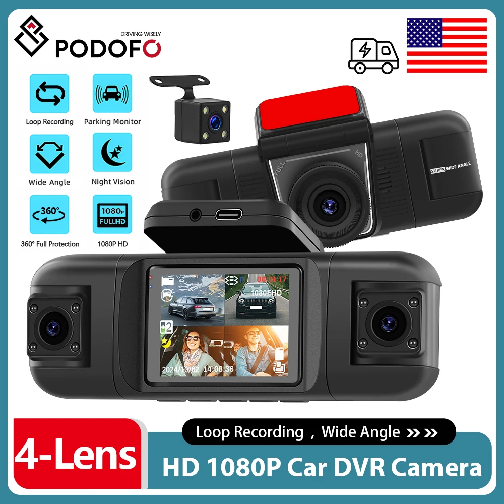 Podofo 2 بوصة داش كام 1080P كاميرا DVR للسيارة 4 قناة تسجيل HD مسجل السيارة للرؤية الليلية مع تحسس الجاذبية الأمامية والداخلية