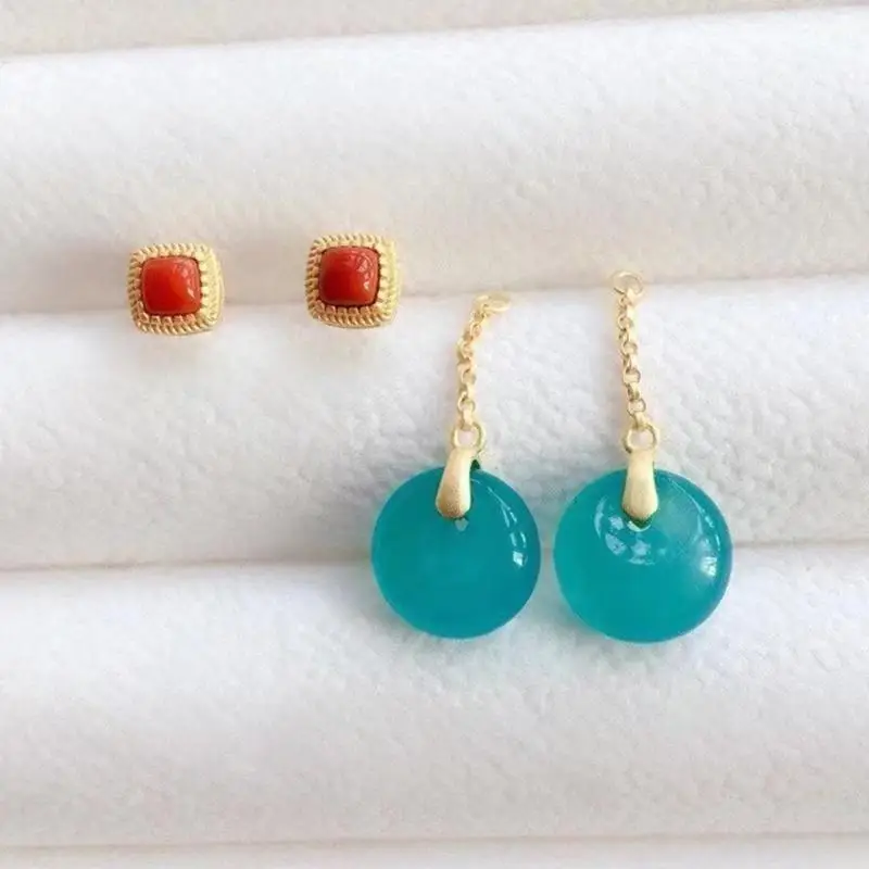Classic two-piece blue earrings for women with silver inlay southern red tourmaline Tianhe stone tassels earring banquet jewelry