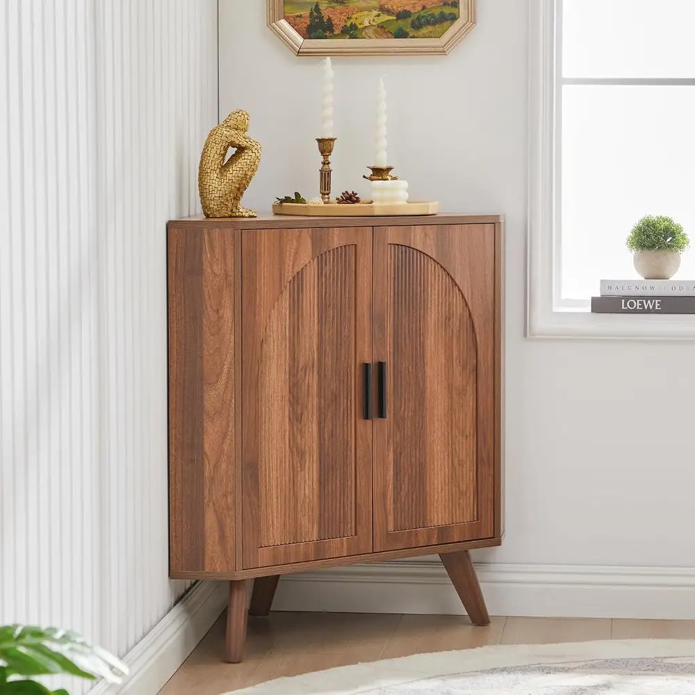 Walnut Short Cabinet with Storage | arched door, short, adjustable shelves, anti-tip, bathroom, living room, 90 degree, space sa