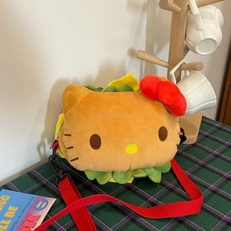 Miniso Japanese Kawaii Hello Kitty Hamburger Crossbody Bag Women Cute Cartoon Soft Plush Handbag Girl Kids Cartoon Messenger Bag